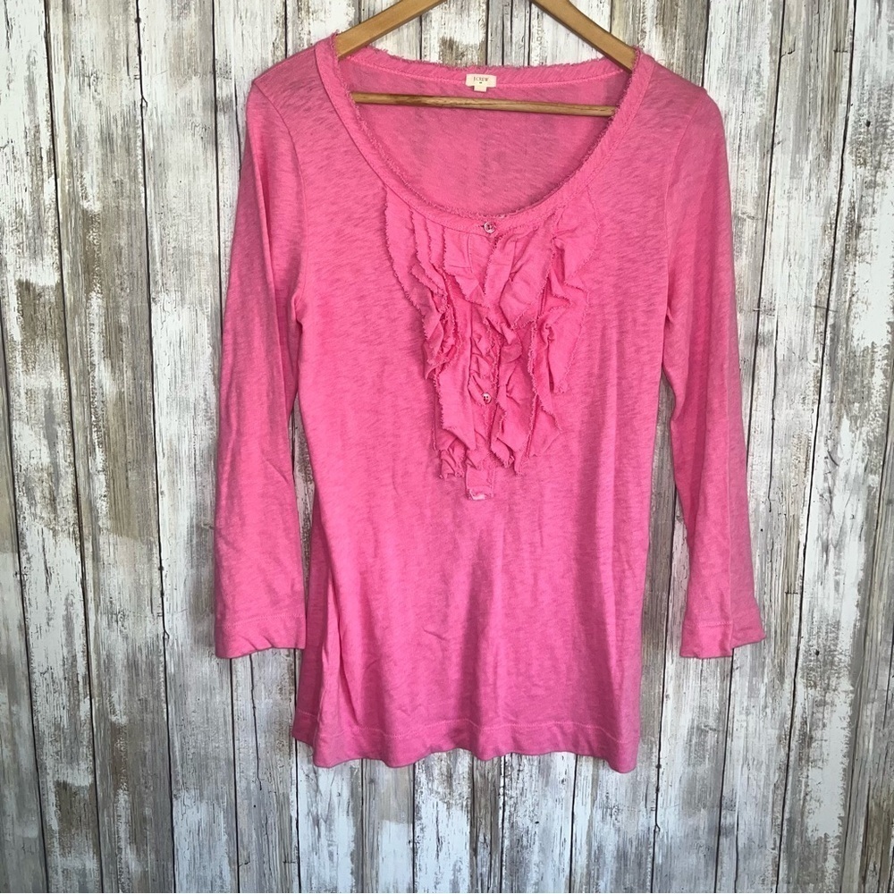 J.Crew Pink Ruffle Front Top Women’s M Cotton Feminine Casual Blouse Long Sleeve